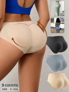 3-Pack Pure Color Body-Shaping Lifting Hip High Support Sports Underwear Briefs, High Compression Briefs, Removable Filling Hip Lifting Pad, Multiple Sizes (S-XXL), Seamless Design, Comfortable and Breathable, Suitable for Fitness, Yoga, Lady