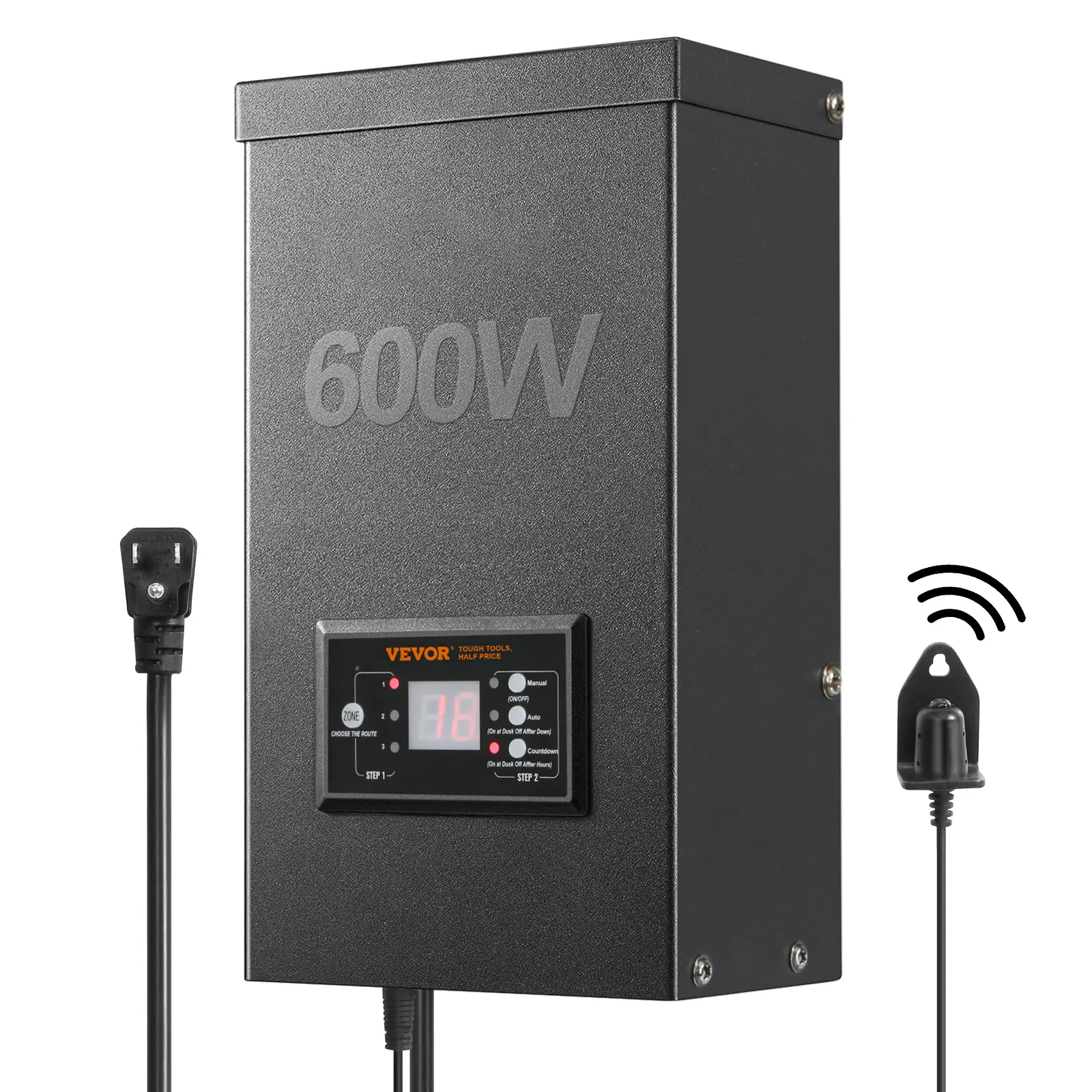 VEVOR 600W Outdoor Landscape Transformer, 120V AC to 12V/14V AC Converter, ETL-Certified Weatherproof Electrical Equipment with Automatic 1-12 Hours Timer, Photocell Sensor, 6ft Sensor Cable, Ideal for Exterior Spotlights, Outdoor Lighting, Windproof