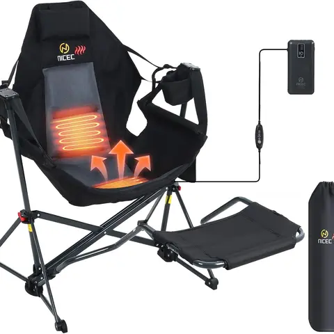 Heated Hammock Camping Chair with Footrest, Heated Camping Chair with Battery, Rocking Swing Chairs, Hammock Chairs with Stand, Heavy Duty (1, Heat Black W/Footrest)