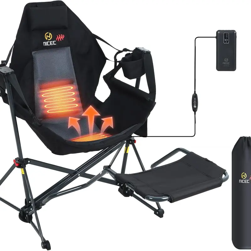 Heated Hammock Camping Chair with Footrest, Heated Camping Chair with Battery, Rocking Swing Chairs, Hammock Chairs with Stand, Heavy Duty (1, Heat Black W/Footrest)