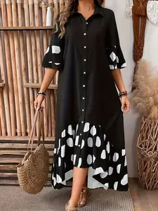 Plus-size women's polka dot print dress with front button closure. Black-and-white color-blocked casual pencil skirt silhouette. Three-quarter sleeves with lapel collar design. Comfortable fabric suitable for all seasons and versatile styling.
