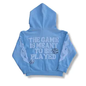DONTARIO BERC RHINESTONE JACKET - Light Blue Hooded Zip-Up with Dice Embroidery and "The Game is Meant to Be Played" Print