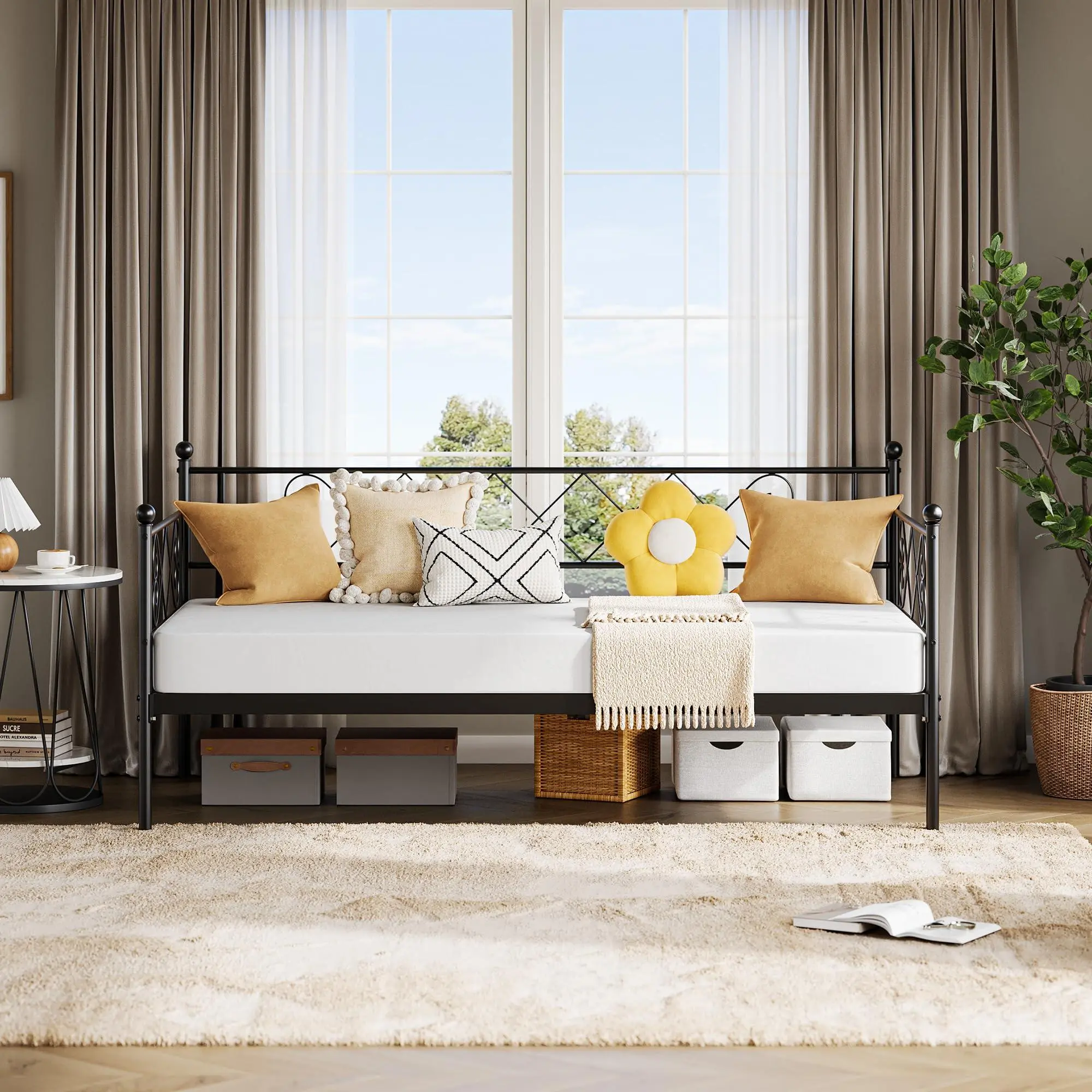 Twin Daybed with Heart-Shaped Headboard, Sturdy Metal Day Bed with Steel Slat Support, Headboard Sofa Bed for Living Room, Bedroom and Guest Room, Black