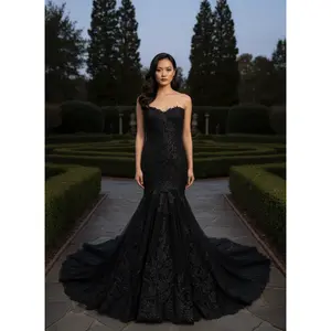 Dani Black Wedding Dress with sweetheart neckline ,Gothic Wedding Dress, Trumpet Wedding Dress, Illusion Back Wedding Dress