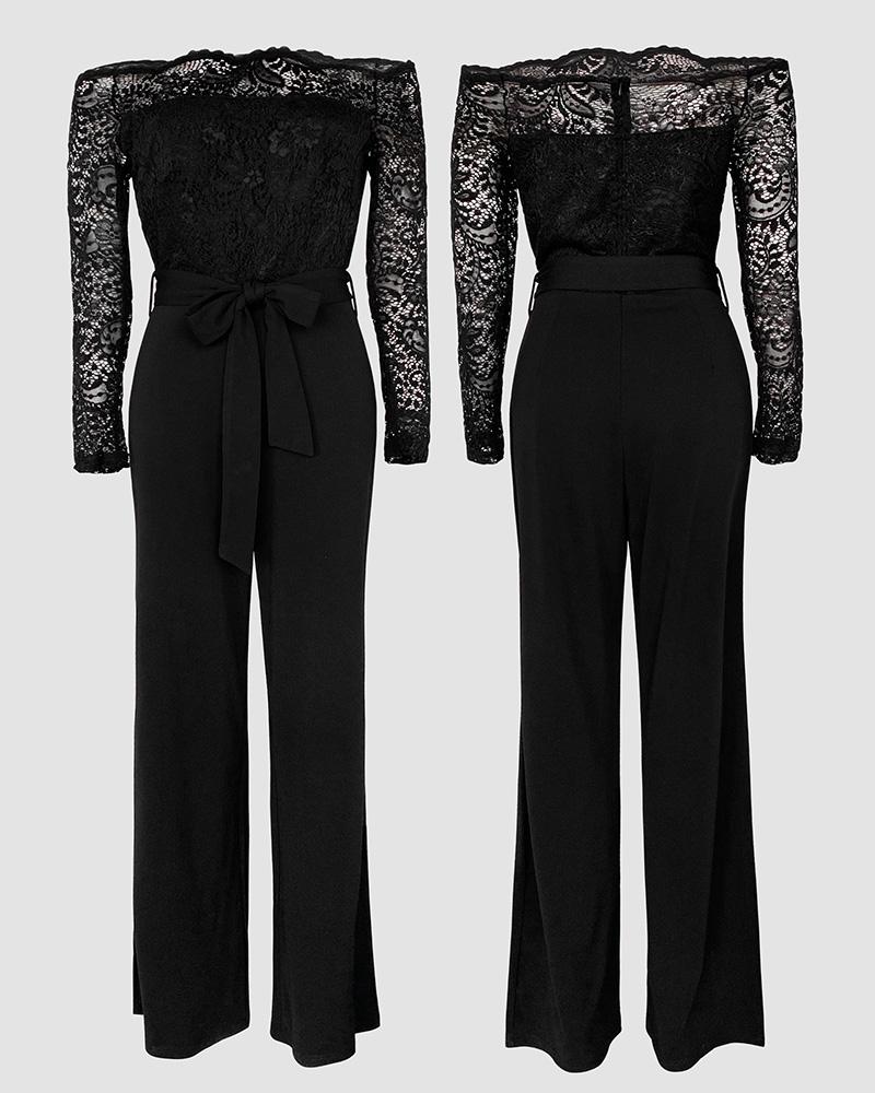 ChicMe Women's Off Shoulder Long Sleeve Eyelash Lace Patch Slim Fit Jumpsuit Tied Detail Casual Overalls Elegant Black Fitted