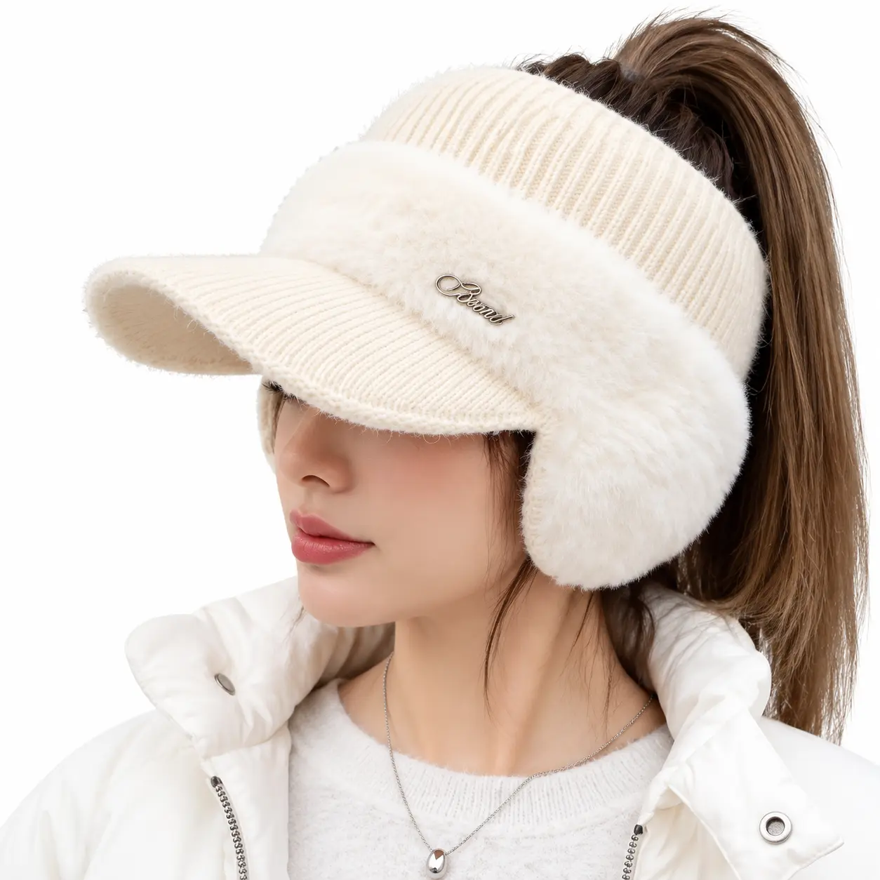 Winter Hats for Women, Knit Ponytail Beanie with Visor Brim and Fuzzy Ear Flaps, Fleece Lined Warm Baseball Cap for  Cold Weather Outdoor