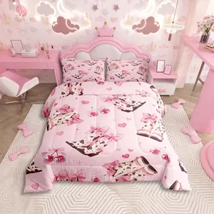 Pink Western Decor Bedding Set,Cowboy Cowgirl Hats Comforter Set,Decor Cute Bowknot Dreamy Princess Style Comforter,Rodeo Cowboy Style Duvet Set
