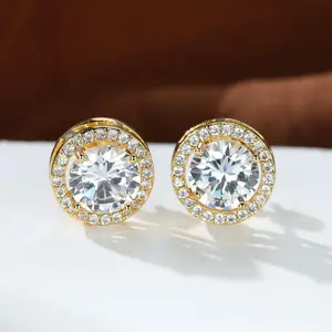 4K Gold-Plated, Hypoallergenic 925 Sterling Silver Earring Set - Unisex Cubic Zirconia Studs, Full-Pavé Round CZ Studs, and Halo-Set Earrings.A Perfect Gift Set for Couples, Friends, Besties, or Mother's Day.