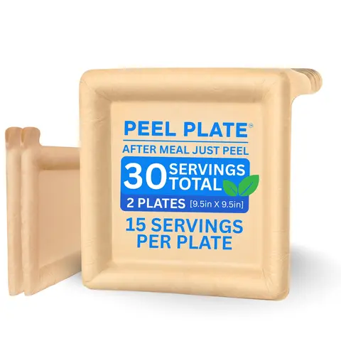Peel Plate [2-Pack] 30 Servings Total [9.5in X 9.5in] - 2 Week Supply of Reusable Paper Plates