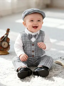 Boys' Spring Autumn British Gentleman Suit Set, Shirt + Plaid Vest + Matching Pants + Bow Tie Hat, Baby Birthday Party