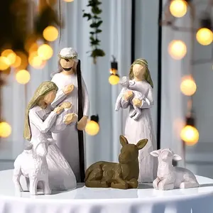 6 pc. Nativity Set Polyresin Christmas Decorations with Mary Joseph Baby Jesus Stable Manger and Accessories for Home Church School