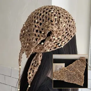 Vintage Crochet Hair Scarf with Sequins Boho Knit Triangle Headband for Women