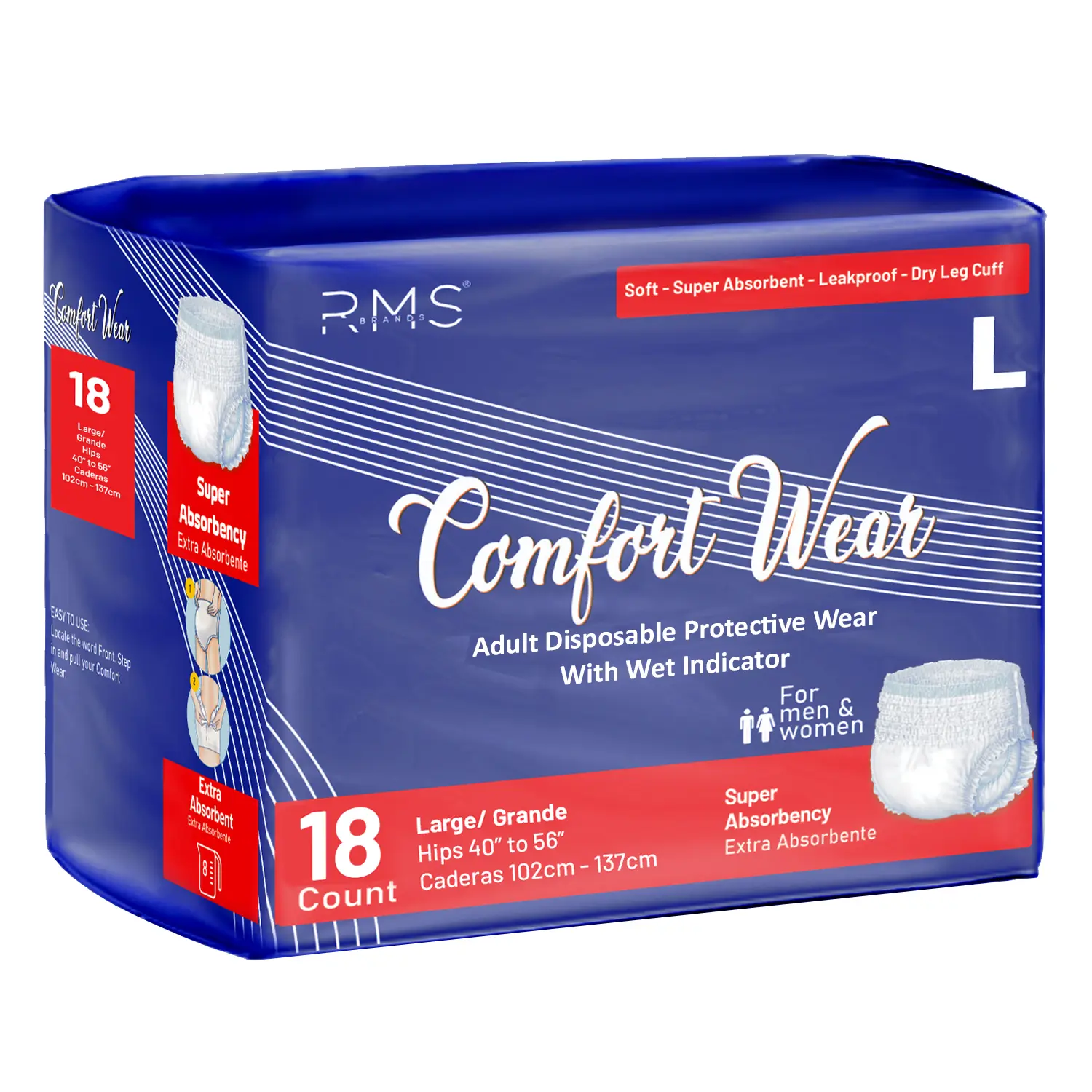 RMS BRANDS Unisex Adult Disposable Pull-Up Diaper with Wetness Indicator - Elastic, Leak-Proof, Moisture-Locking Incontinence Protection, Large (18 Count)