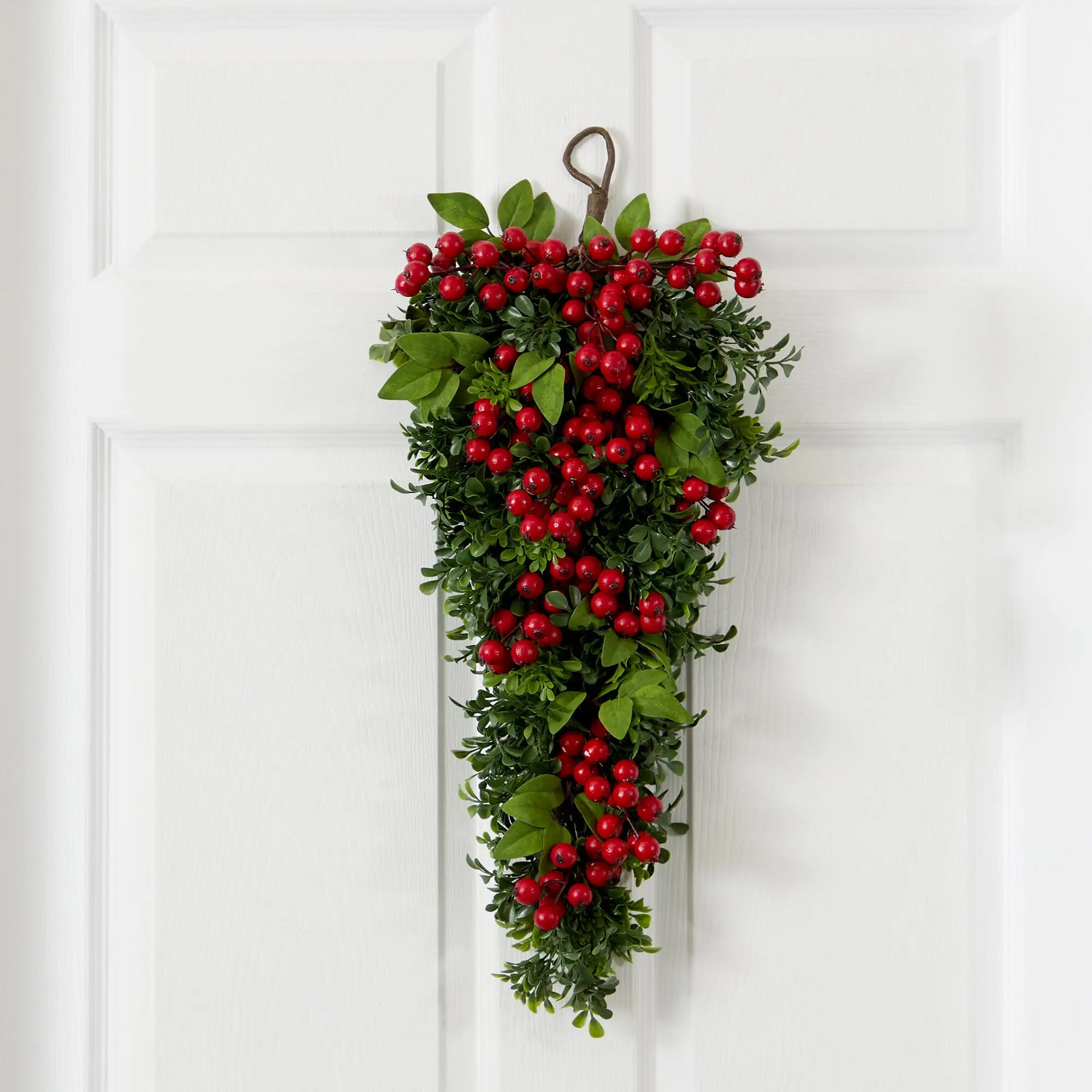 26 in Handcrafted Artificial Hanging Teardrop Shape Decor with Boxwood Leaves & Berry Accents, Antique Seasonal Finds for Farmhouse Dinner Table Home Decorative Greenery, Synthetic, Contemporary