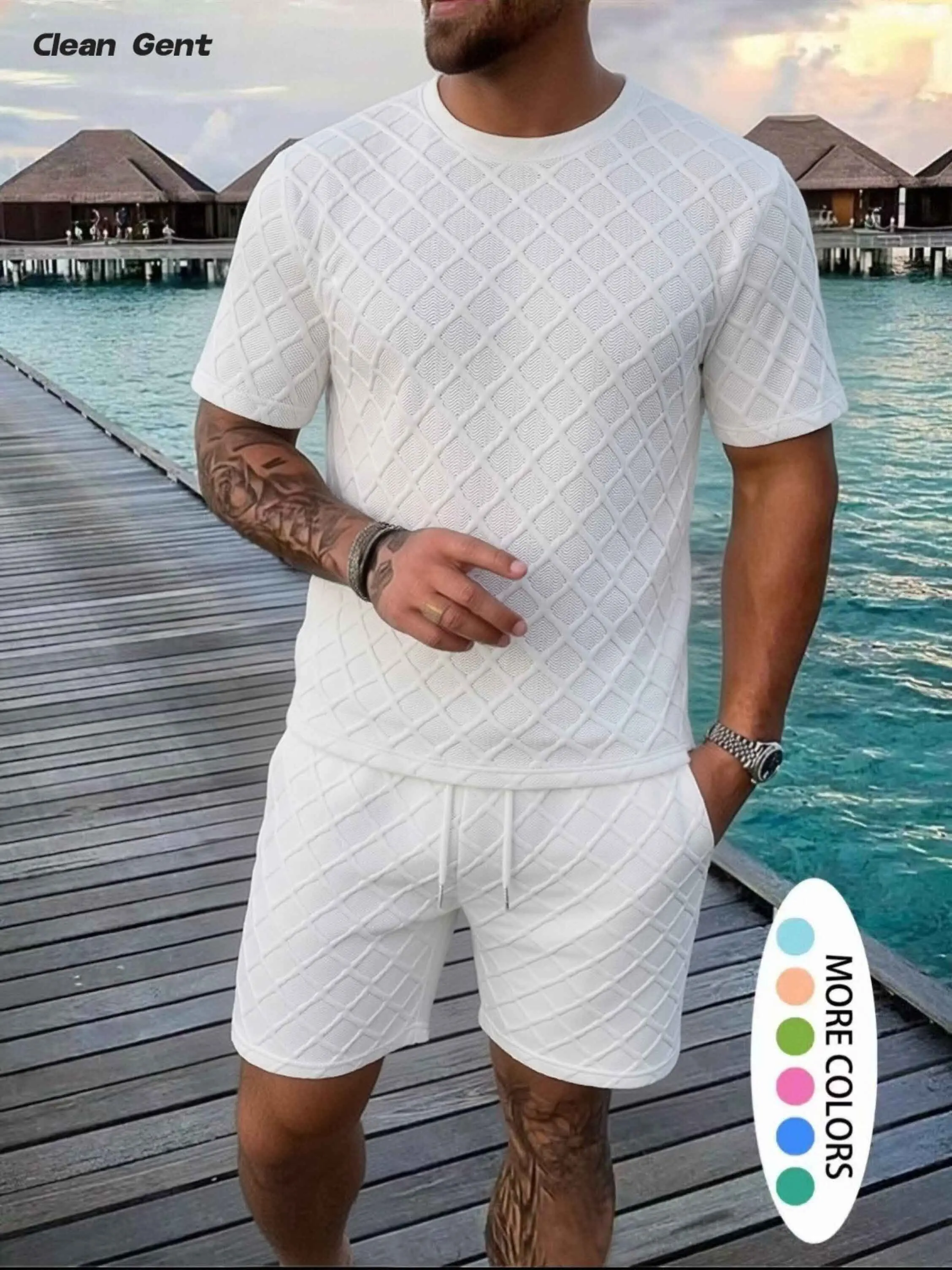 Clean Gent men’s short-sleeve knit two-piece set for summer—breathable, soft, skin-friendly T‑shirt paired with loose athletic shorts; suitable for everyday wear and commuting, ideal for business occasions; a comfortable drawstring-waistset.
