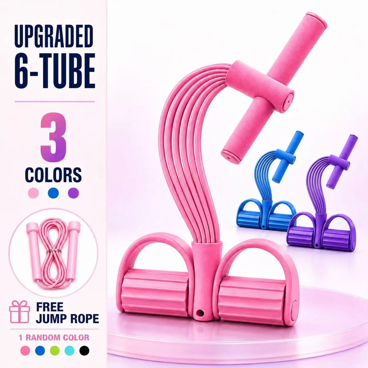 6-Tube Foot Pedal Resistance Band Puller for Home Workout, Multi-Function Elastic Tool with Yoga/Jump Rope Mat, Leg Trainer, Belly Slimming, Anti-Slip Pedals, Dual Foam Handle, Multiple Colors + FREE Jump Rope Gift
