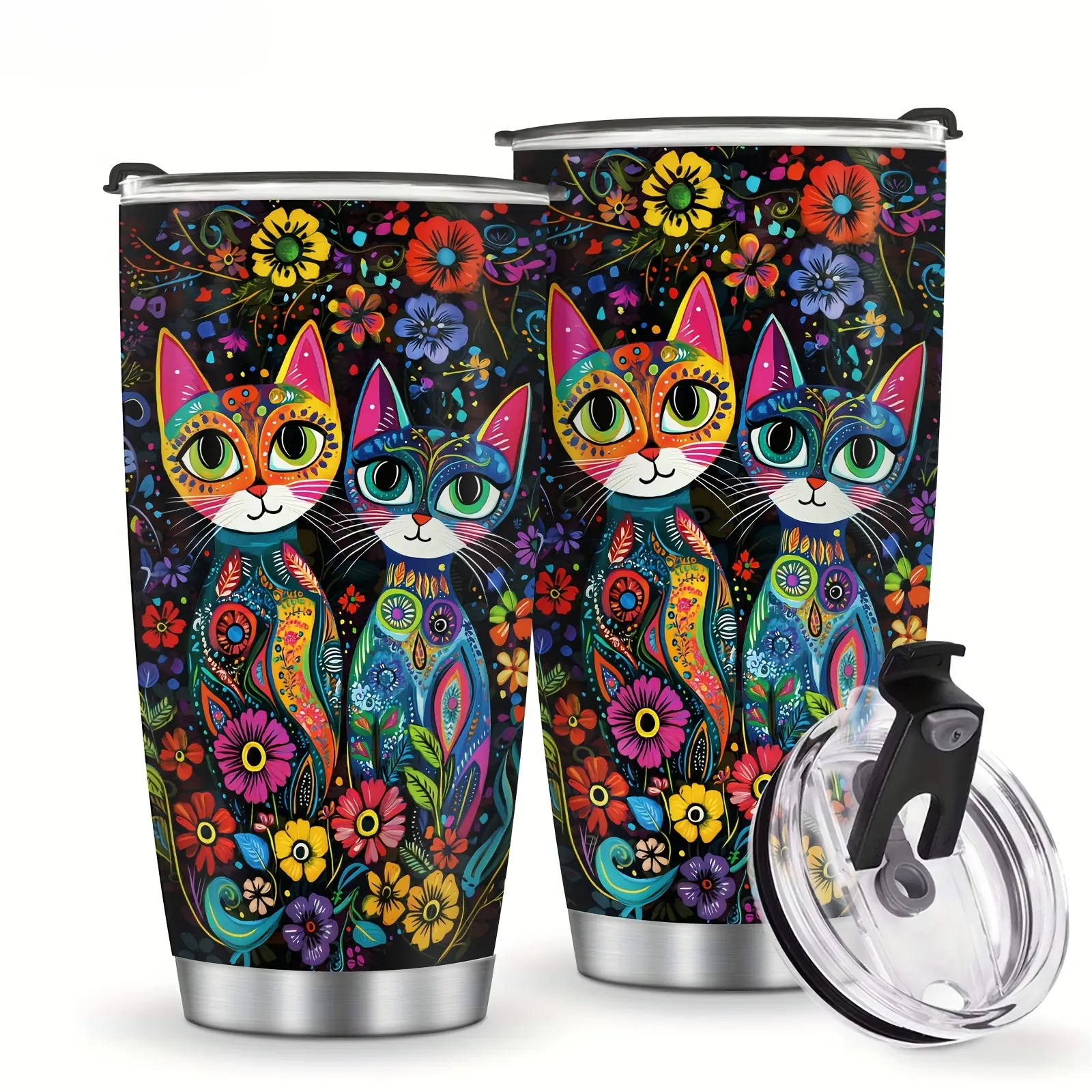20oz Retro Cat & Flowers Stainless Steel Thermal Tumbler for Cat Lovers - Leak-Proof Lid, Double Wall Insulation, Portable Camping Travel Mug, Double Wall Vac., Flasks, Lake, Water Bottles, Indoor, Pool, Casual, Coffee, Unisex