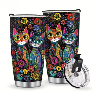 20oz Cat & Flowers Tumbler - Retro Stainless Steel Insulated Travel Mug, Reusable Coffee Cup with Lid - Perfect Gift for Cat Lovers, Mom, Dad, Women, Men |   Birthday, Christmas, Thanksgiving