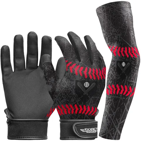 Exxact Sports Youth Batting Gloves with Arm Sleeve, Softball Training Equipment for Kids Baseball, T-Ball (Black)