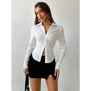 Slim Fit Ruched White Button-Down Shirt for Women Trendy Corset-Inspired Waist Tailoring Classic Long Sleeve Collared Blouse Ideal for Spring Office Work Date Night Casual Daily Wear Timeless Versatile Essential Top