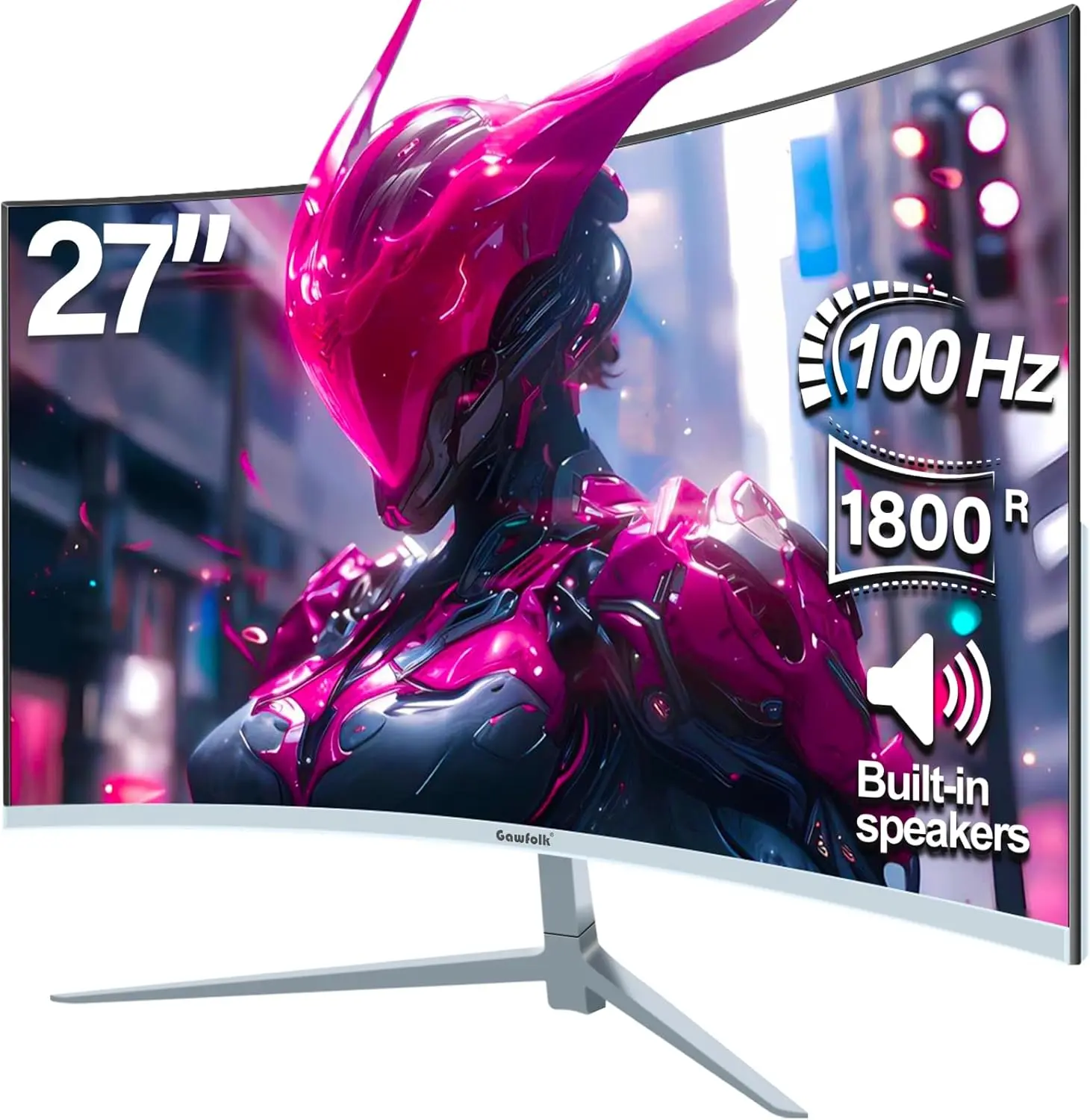 Gawfolk White 27" Curved FHD 1080P Monitor, 1800R Curvature 100Hz, Zero Frameless with Built-in Speakers, Minimalist Clean Desk Aesthetic, Compatible with PC & Laptop for Gaming & Home Office