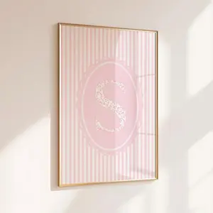 Custom Initial Letter Print Dorm Pink Wall Art Teen Girls Wall Art Costal Pink Striped Poster Love Shack Fancy Floral Decor Pink Nursery Art