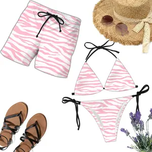 Matching Pink Zebra Swimsuit For Couple, Side tide Bikini Set and Short for Men and Woman, Vinca Inspired, Beachwear, Summer Vibe