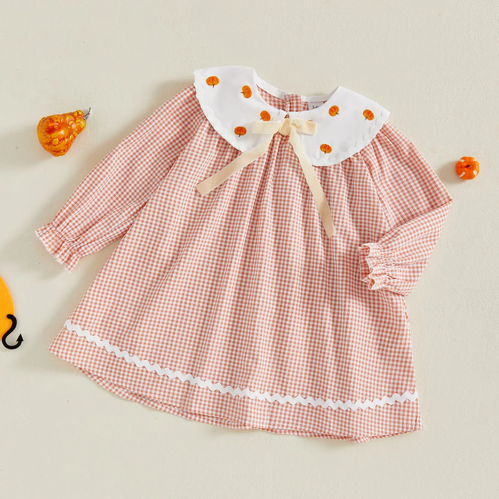 Toddler Baby Little Girls Halloween A-line Dress Long Sleeve Doll Collar Pumpkin Embroidery Plaid Dress 1-5 Years
