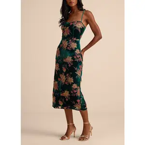 Lulus Erisa Emerald Velvet Floral Burnout Midi Dress Mesh Tropical Leopard Tube