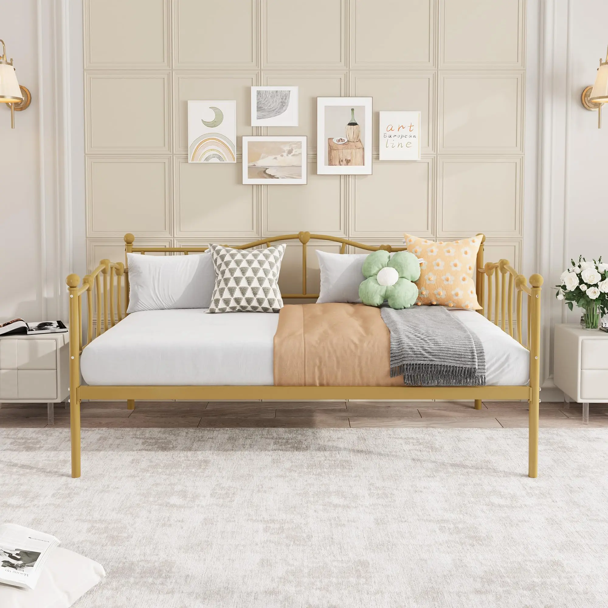 Garvee Twin Daybed with Trundle,  Twin Size Space-Saving Multifunctional Furniture, Metal Sofa Bed Frame with Steel Slat Support, for Living Room, Bedroom, Love Heart Design, No Box Spring Needed