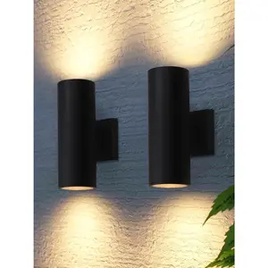 Modern Outdoor Cylinder Wall Lights 12", Up and Down Porch Patio Lights, Matte Black Waterproof Wall Sconce, Aluminum, E26 Base, Exterior Light Fixture Wall Mount, ETL, Pack of 2