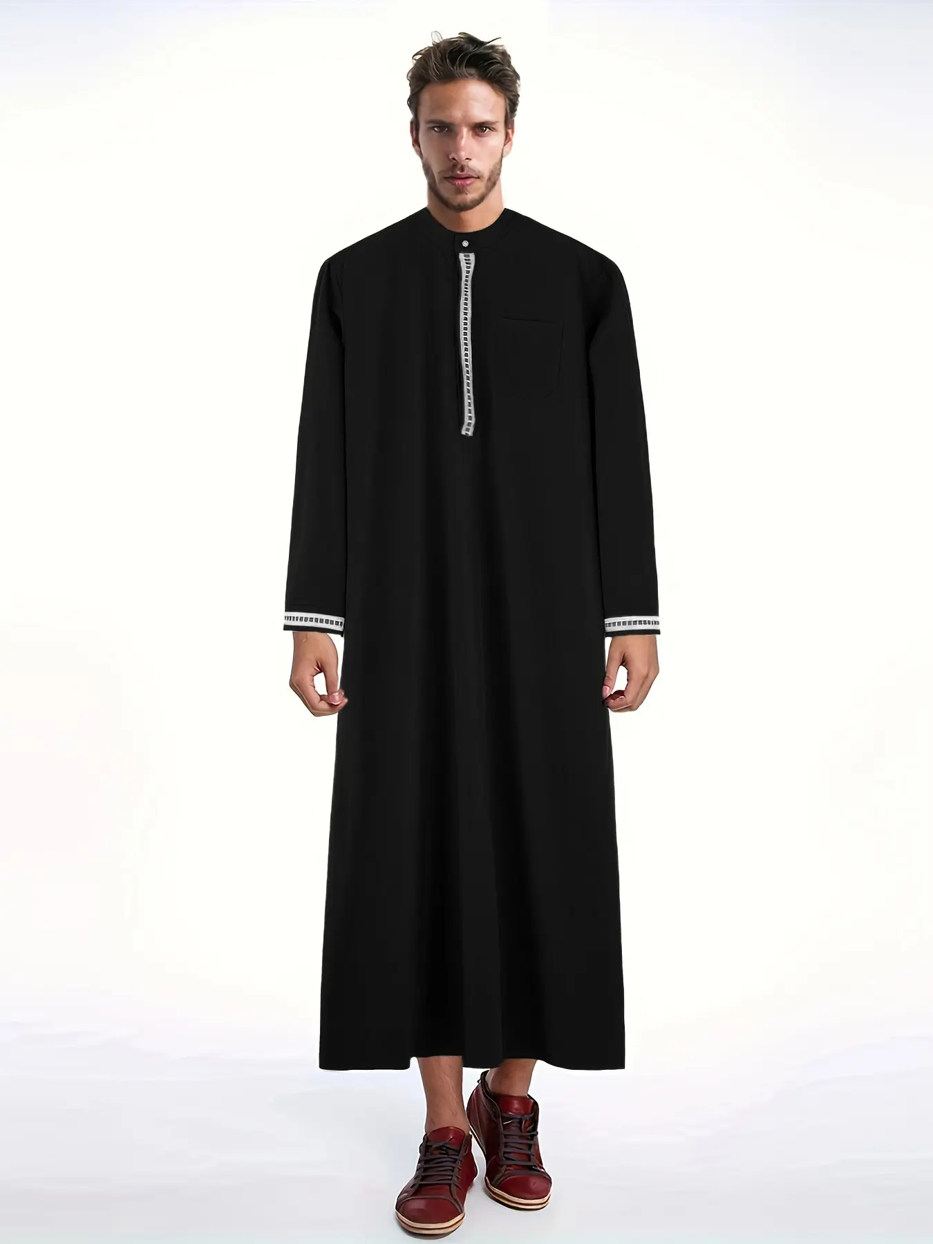 Middle Eastern Men's Traditional Arab Robe, Arab Thobe, Arabic Thobe, Muslim Thobe, Stand Collar Half Placket, Elegant Trim, Suitable for Parties, Festivals, Mosques