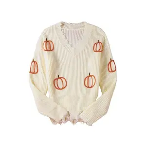 Women’s Beige Cable Knit Pumpkin Raw Hem V-Neck Sweater