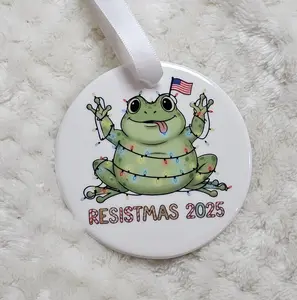 Resistmas Political Frog 2025 Christmas Ornament with Festive Lights and American Flag Design Ceramic Sublimated Holiday Decor