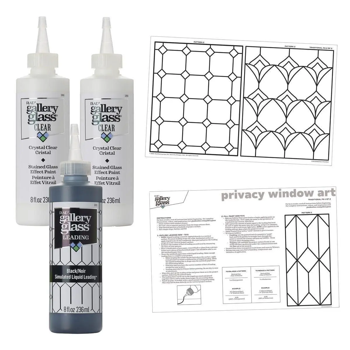 Gallery Glass ® Privacy Window Kit - 4 pc Stained Glass Supplies for DIY Projects, Includes Liquid Leading, Permanent/Removable Paint, Pattern Sheet - PROMOGGPW22