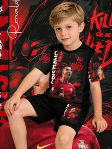Boys' Colorblock Set, Cristiano Ronaldo 7 Celebration, Casual Summer, Full Print Design, Party & Sports Wear