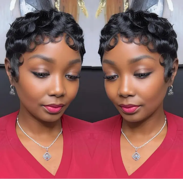 OPQHAIR 025 Retro Fluffy Curly Human Hair Black Woman Wig, 6in Short Pixie Glueless Laycut, Machine-Made 87g Lightweight Comfort Daily Wear