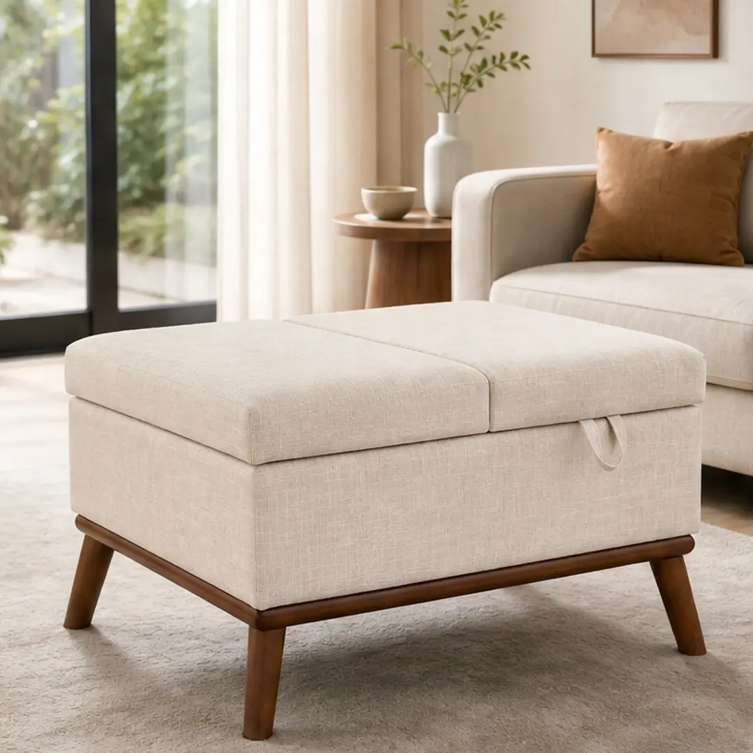 ARCH Large Fabric Storage Ottoman Coffee Table with Lid - 26.50" W x 31.00" D x 18.50" H, Mid-Century Modern, Dual-Purpose Rectangle, Rubberwood Legs, Harsh Chemical-Free, Spot Clean, Living Room, Beige (33.00 lb)