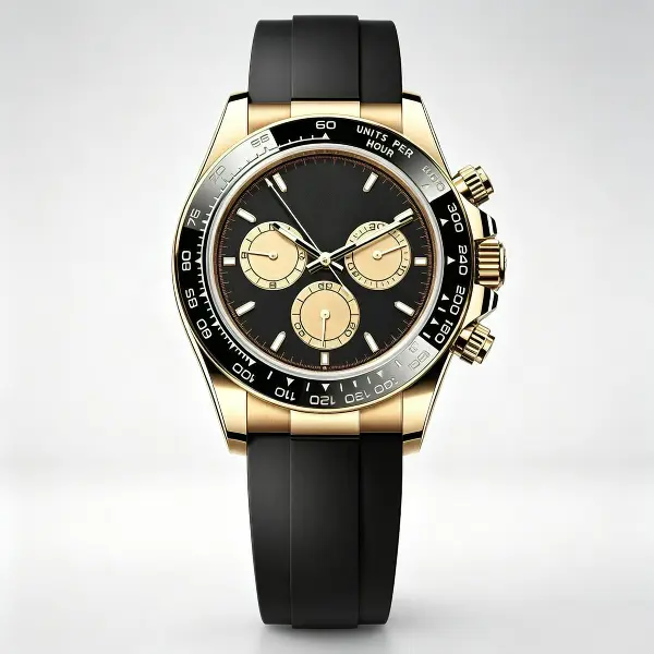 Men Chronograph Quartz Watch, Luxury Gold Case Black Rubber Strap Wristwatch, Multifunctional Sports Business Analog Watch for Daily Wear