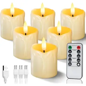 Rechargeable Flameless Candles with Timer Remote, 2" x 2" Realistic Battery Operated LED Votive Tea Lights, 6Pack Electric Fake Candle in Warm White (USB Charging Cable Included)