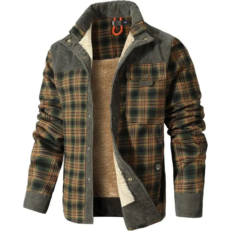 Men's Plaid Flannel Shirt Jacket, Soft Sherpa Fleece Lined Button-Down Cotton Coat, Loose Fit Western Style for Outdoor Workwear, Fabric