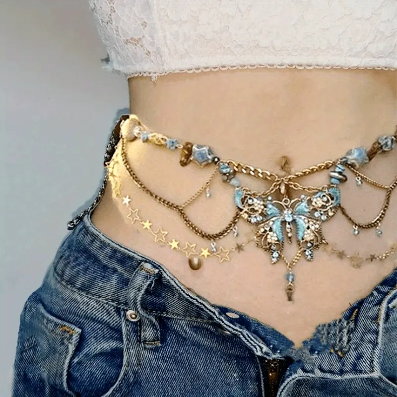 Women's Adjustable Layered Artificial Zircon Butterfly Pendant Necklace & Belt Set - Female Body Chains, Versatile Tassel Waist Chain, Year-Round Daily Wear, Valentine's Day Gift, Elegant Dual-Use Accessory, Accessories For Women, Luxury, Tassels, Zinc Al