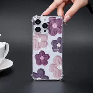 Clear Phone Case for iPhone 17 16 15 14 13 12 11 Pro Max 17air 14 15 16 Plus, Four-Corner Airbag Anti-Drop Protective Transparent Soft Phone Cases with Purple Floral Wax Seal Pattern Decoration