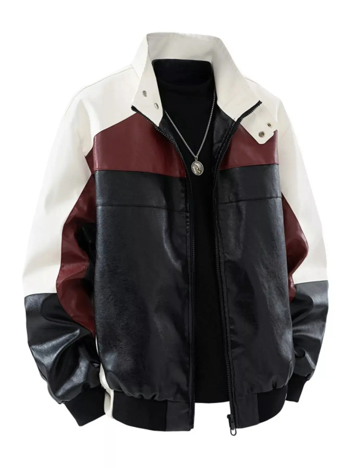 Men's Plus Size Color Block Faux Leather Bomber Jacket