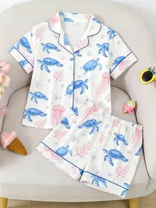 Kids Pajama Set, Flame-Retardant Knit Fabric, Cartoon Sea Turtle Jellyfish Print, Loose-Fitting Short Sleeve, All Seasons