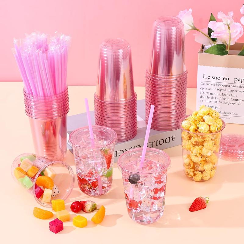 Valentine's Day 50Pack 12oz/16oz Pink Plastic Party Cups with Lids and Straws,Disposable Iced Coffee Cup with Lids,Round Bottom Drinking Cups for Birthday Wedding Valentine's Galentine's Bachelorette Party