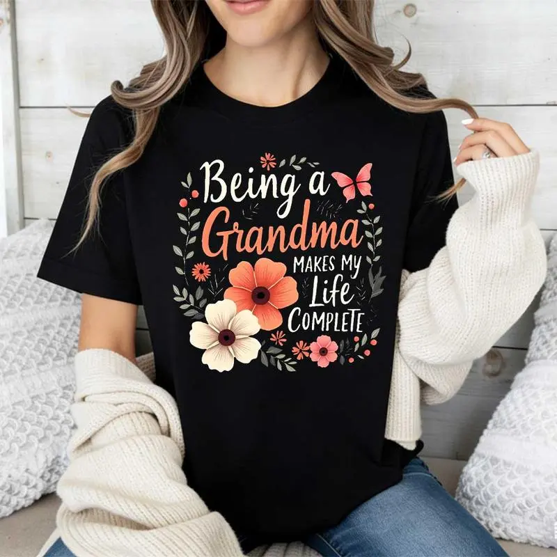 Floral Grandma Quote Design T Shirt Crew Neck Casual Tee For Women Mother Day Gift Grandmother Outfit, women shirts