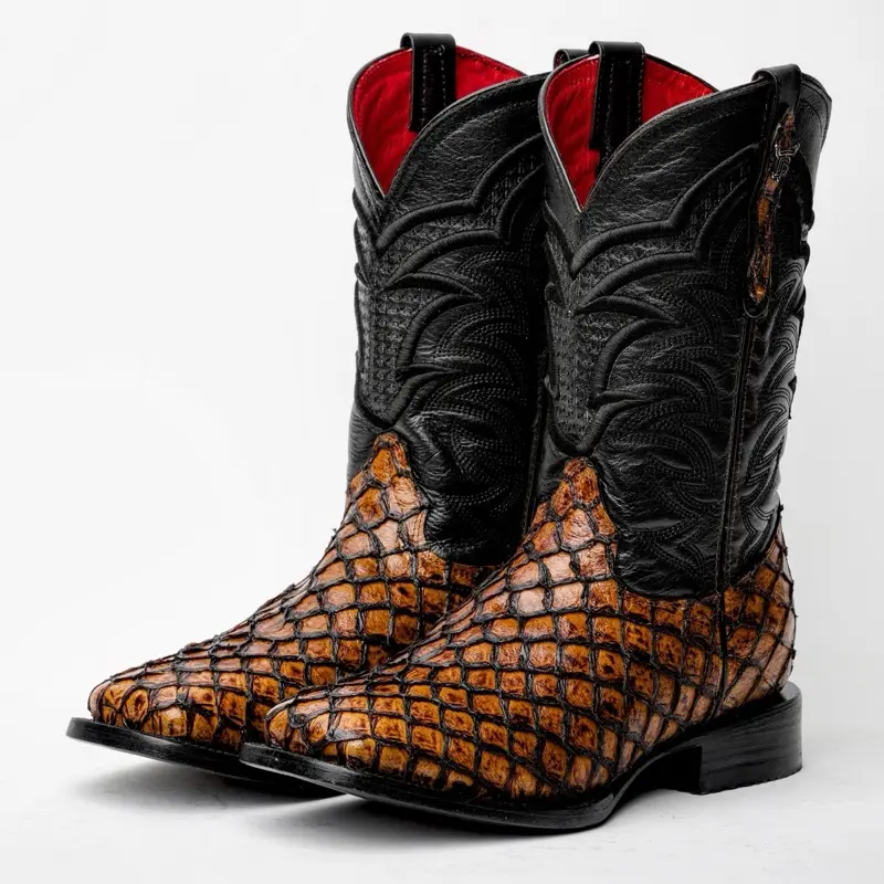 Honey Cognac Mini Pirarucu Leather Boots - Square Toe