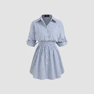 Women's Casual Cotton-Blend Collared Striped Pattern Mini Length Shirred Button Shirt Dress - 2 Colors, Size 0-26, Casual Wear, Womenswear Dealsforyou