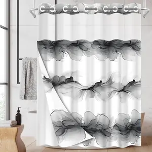 1PC/4PCS 2D Flat Printing Black and White Ink Flower Pattern Patterned shower curtain, home bathroom decor, shower curtain set with 12 hooks, non-slip bathroom rug, U-shaped toilet seat cover, toilet seat mat, Bathroom Decoration Accessories